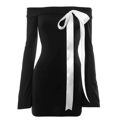 Black Off-Shoulder Long Sleeve Bow Mini Dress