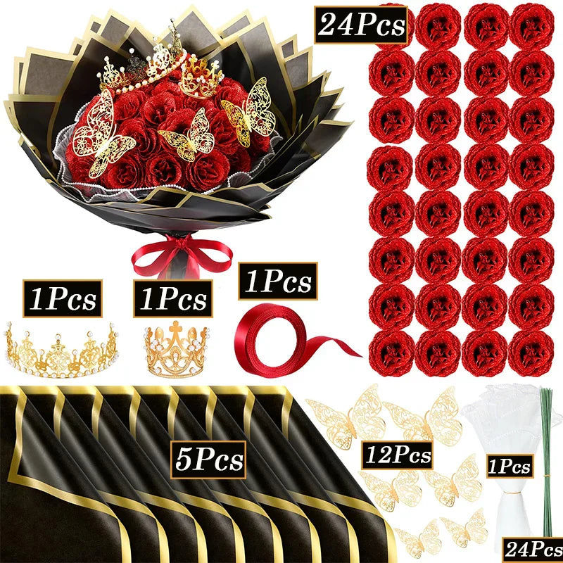Glitter Artificial Red Rose Bouquet Eternal Silk Roses for Valentine's Day and Birthday Gifts