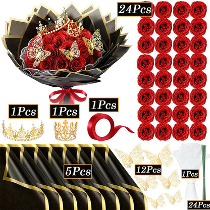 Glitter Artificial Red Rose Bouquet Eternal Silk Roses for Valentine's Day and Birthday Gifts