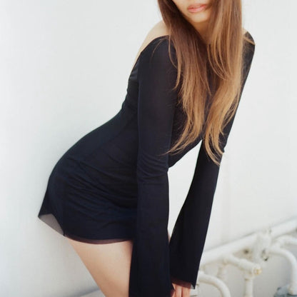 Black Mesh Long Sleeve Backless Mini Dress
