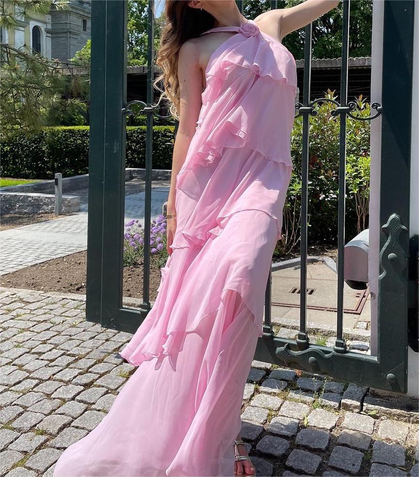 Pink Halter Ruffled Layered Maxi Dress