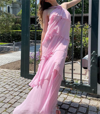 Pink Halter Ruffled Layered Maxi Dress