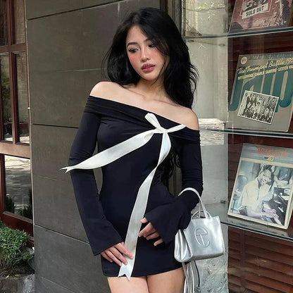 Black Off-Shoulder Long Sleeve Bow Mini Dress