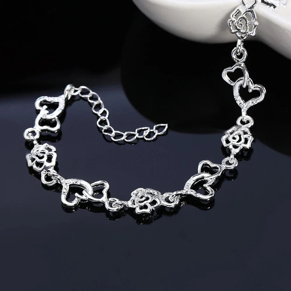 Romantic Heart Flower 925 Sterling Silver Bracelet