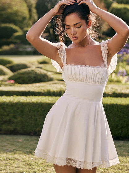 Lace Trim Square Neck Frill Mini Dress