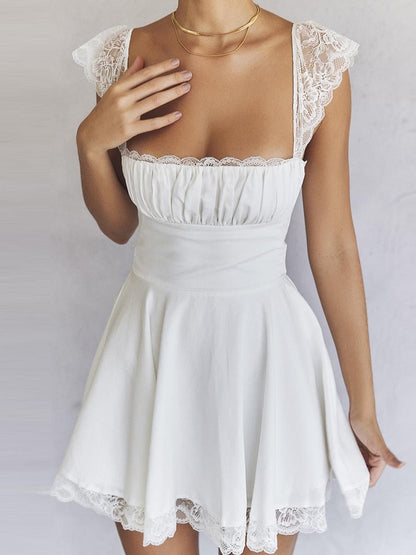 Lace Trim Square Neck Frill Mini Dress