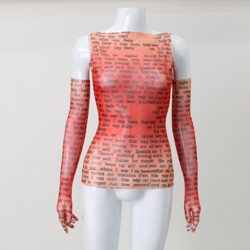 Mesh Letter Print Sleeveless Top With Gloves
