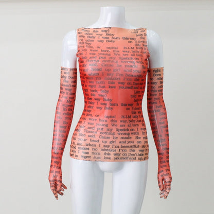 Mesh Letter Print Sleeveless Top With Gloves