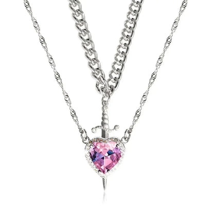 Heart and Sword Zircon Pendant Necklace Set