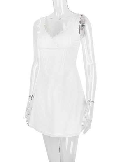 White Cupped Doily Strap V-neck Mini Dress