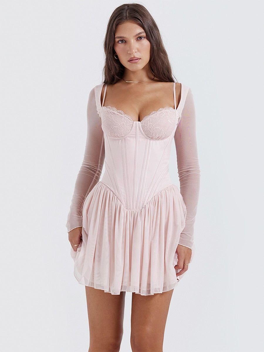 Pink Long Sleeve Bustier Frill Mini Dress