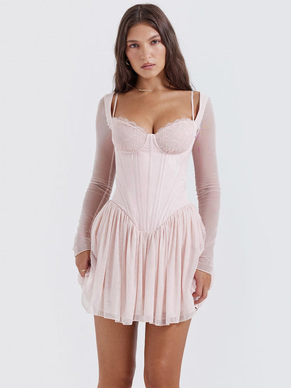 Pink Long Sleeve Bustier Frill Mini Dress