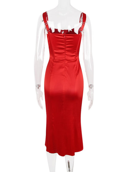 Red Satin Tie-Up Bustier Strappy Midi Dress