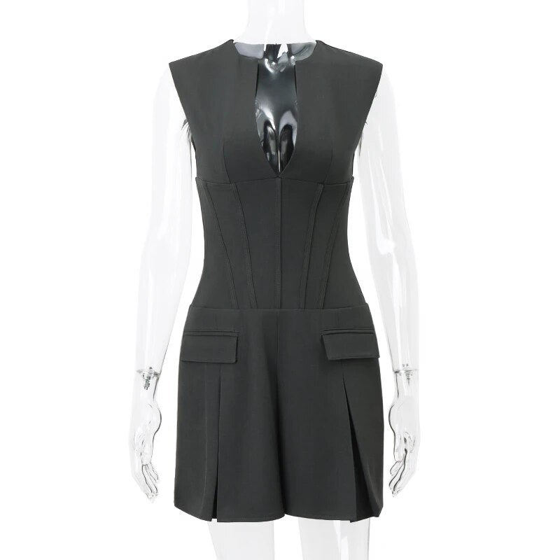 Grey Deep V-neck Sleeveless Pleated Mini Dress
