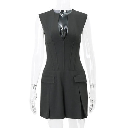 Grey Deep V-neck Sleeveless Pleated Mini Dress