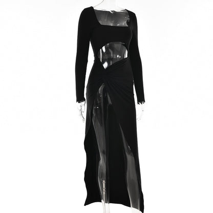 Long Sleeve Cut Out High Split Maxi Dress