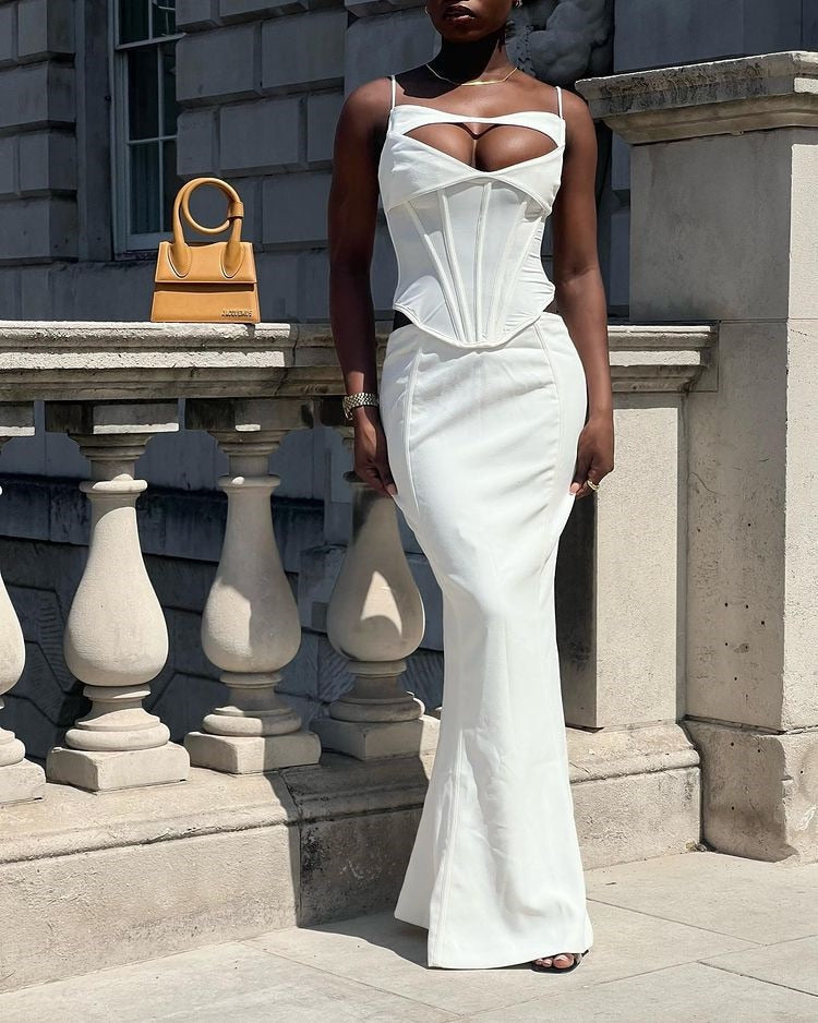 White Corset Cut Out Top And Maxi Skirt Set