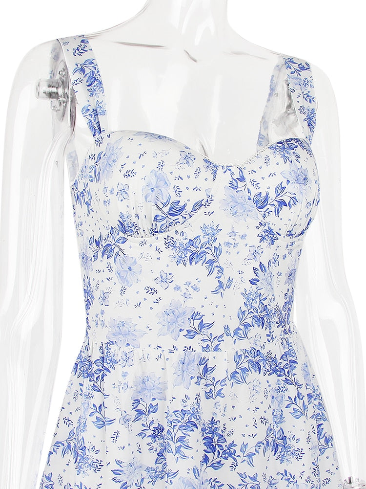 Floral Print Bustier Strap With Pocket Midi Dress