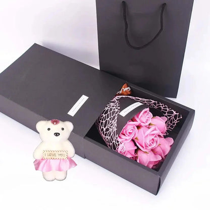 7-Rose Soap Bouquet with Little Bear Gift Box - Creative Gift for Valentine's Day, Mother's Day, Birthday