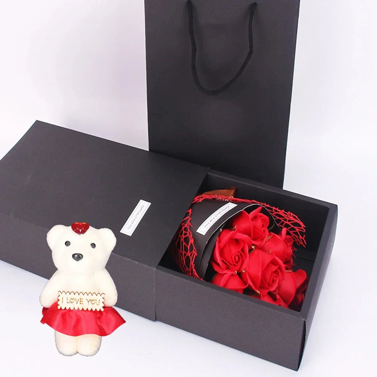 7-Head Rose Bouquet with Little Bear Gift Box - Handmade Gift for Valentine's Day, Mother's Day, or Birthday