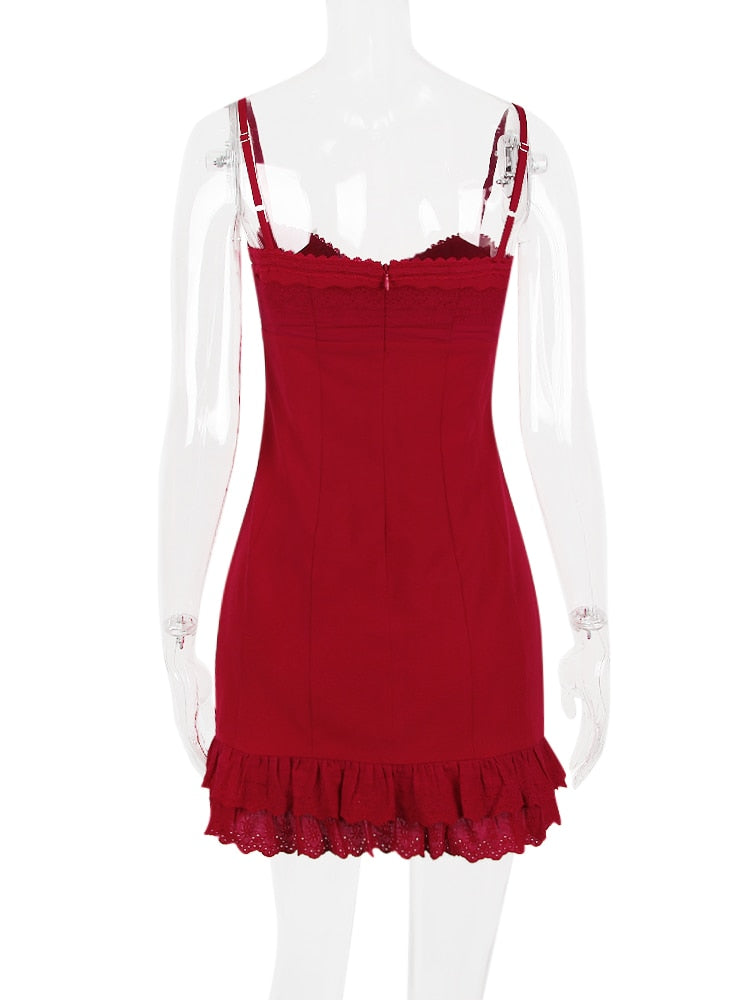 Red Lace Patchwork Buttoned Mini Dress