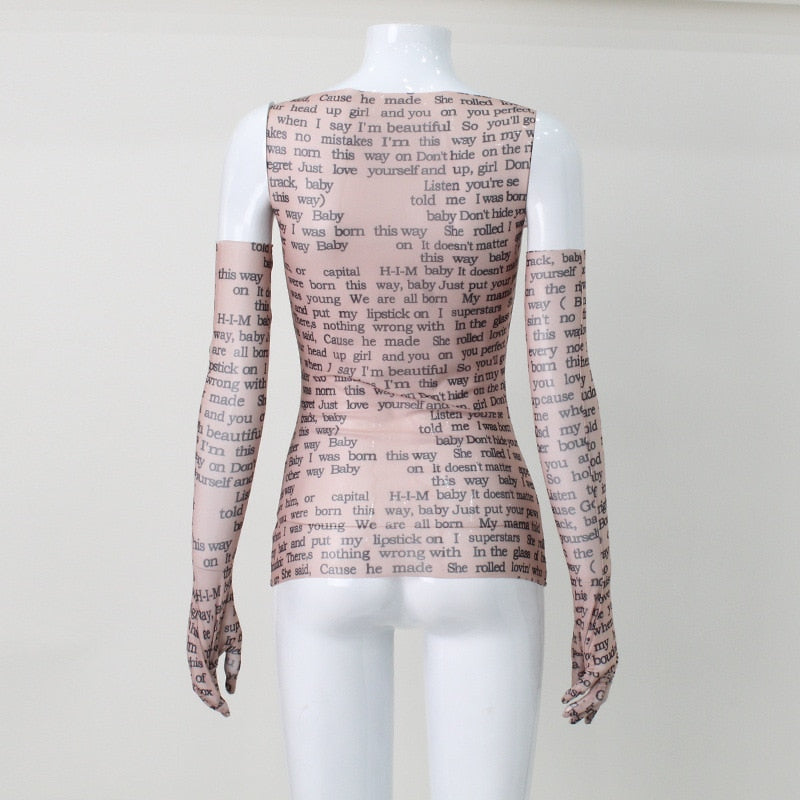 Mesh Letter Print Sleeveless Top With Gloves