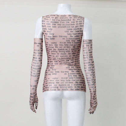 Mesh Letter Print Sleeveless Top With Gloves