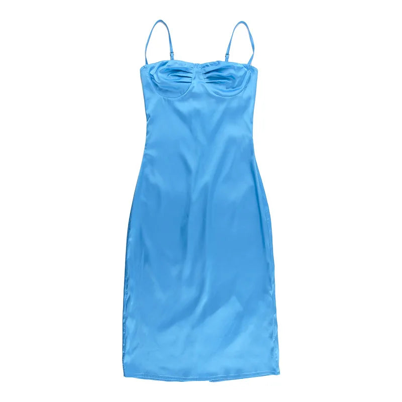 Satin Spaghetti Strap Sleeveless Backless Midi Dresses