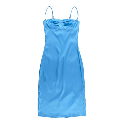 Satin Spaghetti Strap Sleeveless Backless Midi Dresses