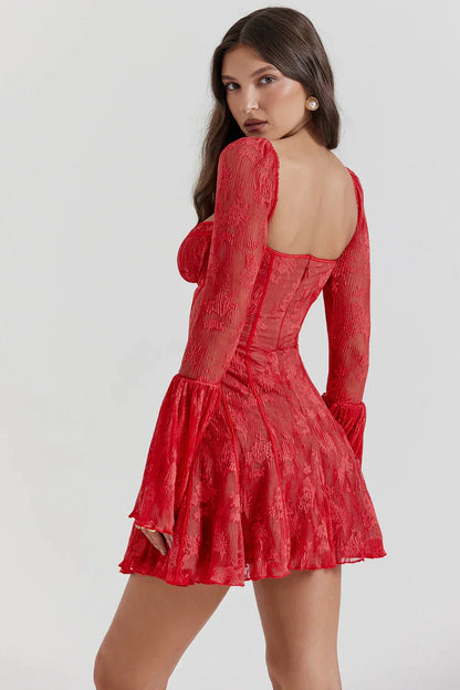 Long Sleeve Lace Square Neck Mini Dress
