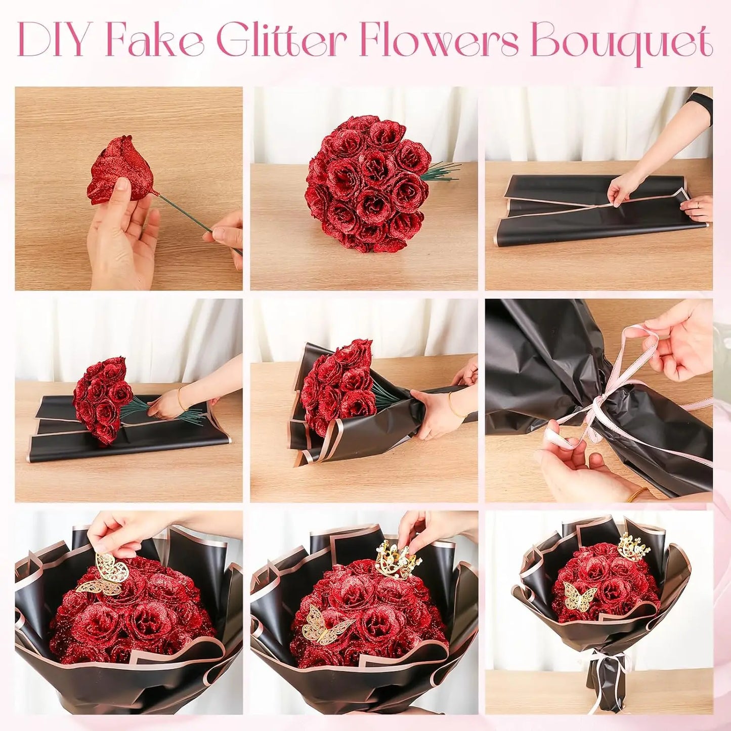 24-Piece Artificial Roses with Golden Butterflies - DIY Home and Wedding Decoration
