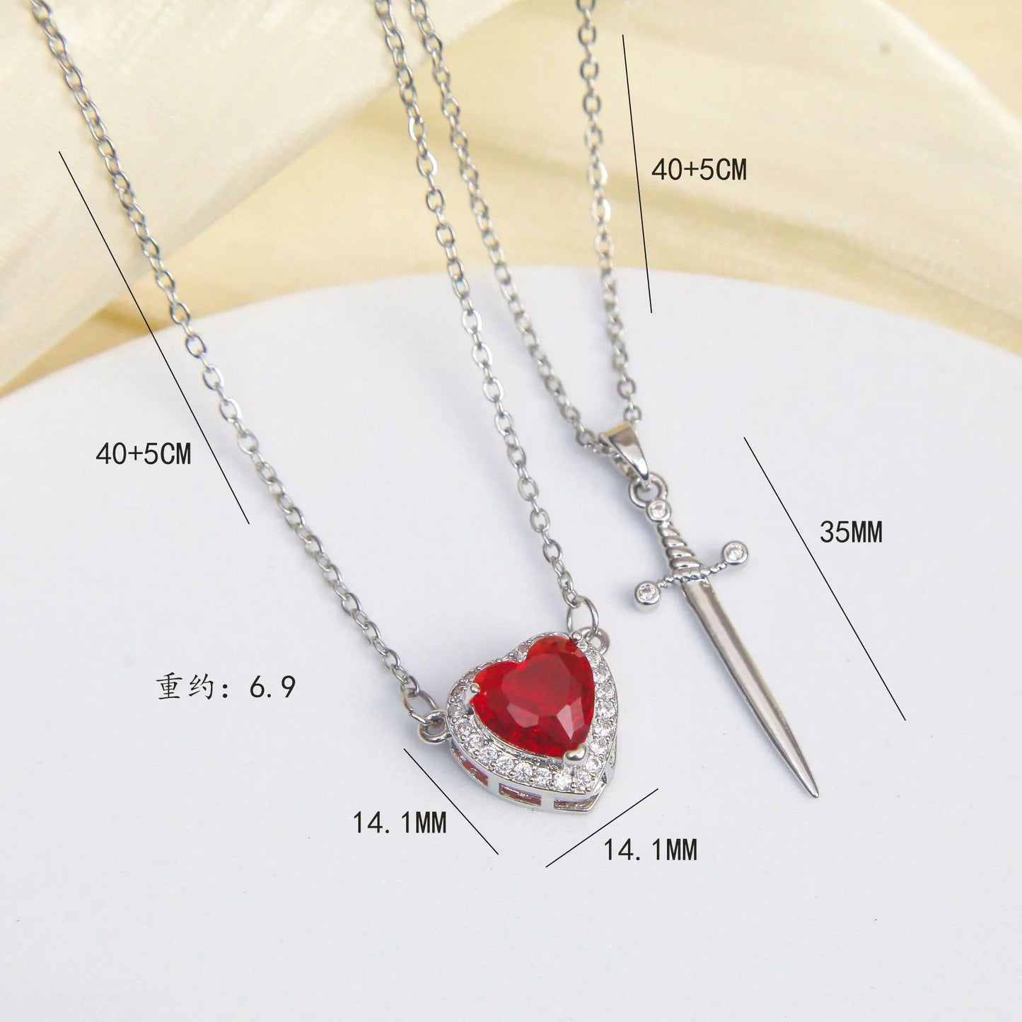 Heart and Sword Zircon Pendant Necklace Set