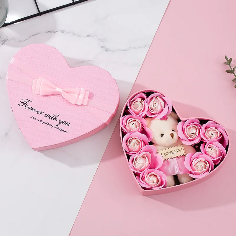 Romantic Bear Soap Bouquet with Roses Gift Box for Valentine's Day and Special Occasions