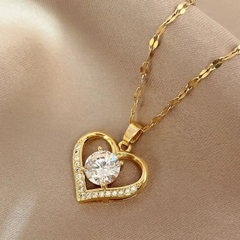 Golden Heart Pendant Necklace with Zircon Accent