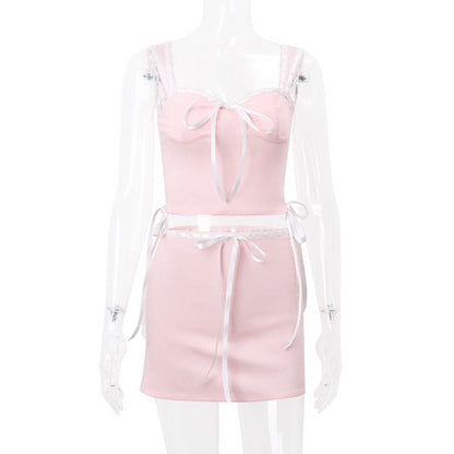 Pink Lace Bow Cami Top And Mini Skirt Set