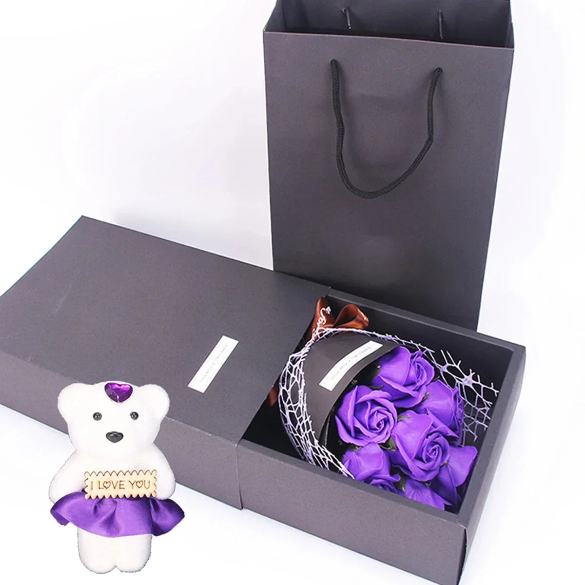 Handmade 7-Rose Soap Bouquet with Little Bear Gift Box for Valentine's Day and Special Occasions