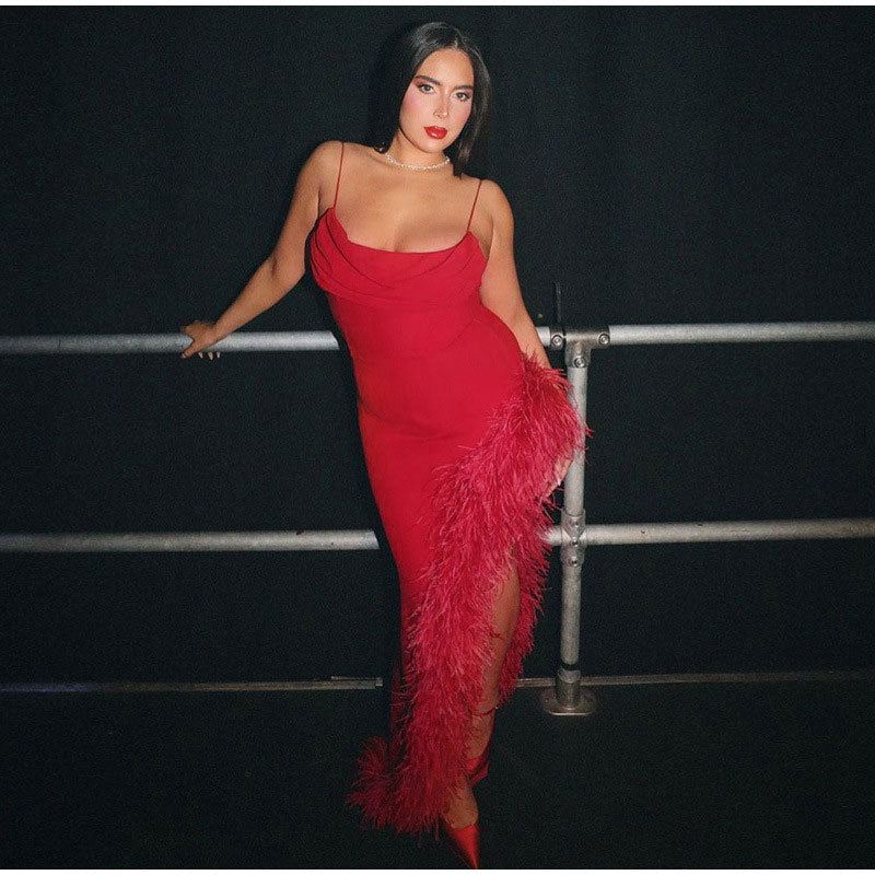 Red Strap Feather Slit Trim Midi Dress