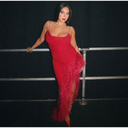 Red Strap Feather Slit Trim Midi Dress
