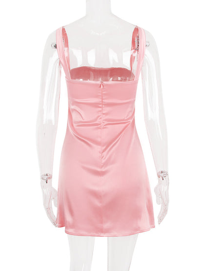 Pink Satin Square Neck Strap Mini Dress