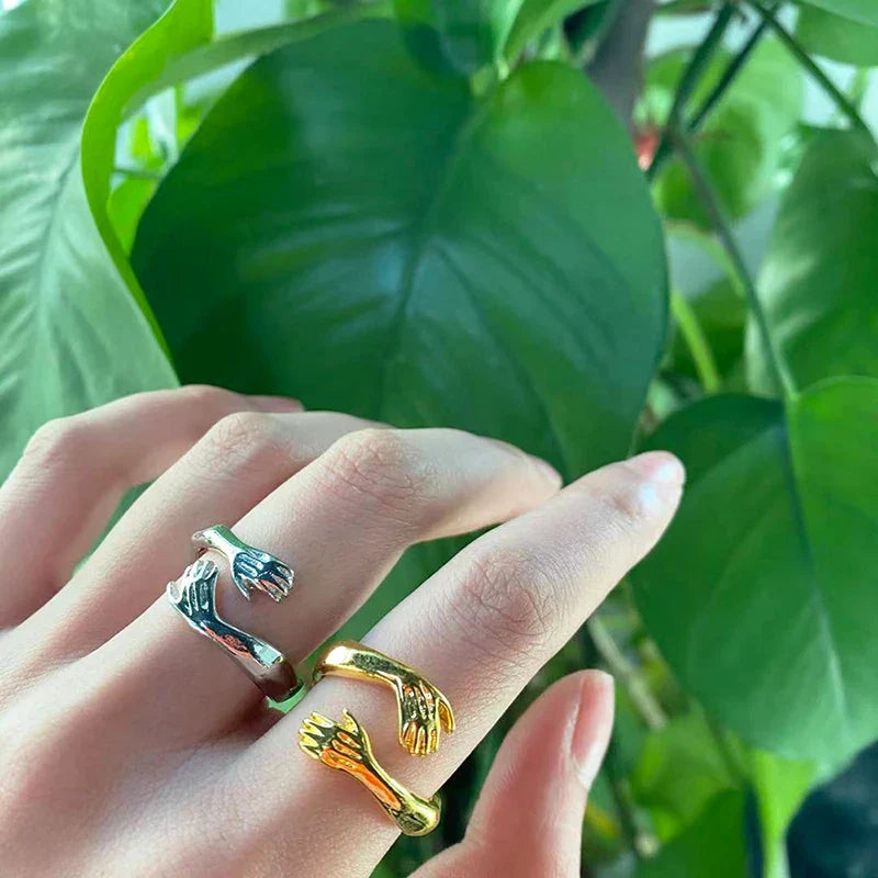 Adjustable Hug Hands Couple Ring in Silver Tone