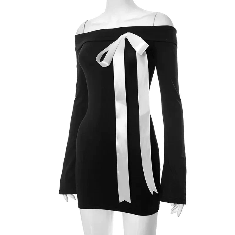 Black Off-Shoulder Long Sleeve Bow Mini Dress