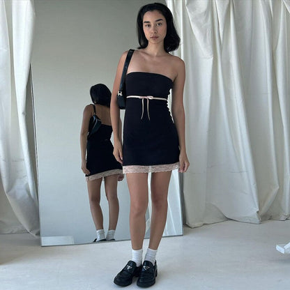 Black Tube Bow Lace Trim Mini Dress
