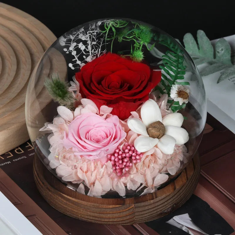 Preserved Red Rose and Carnation Dome with Wooden Base