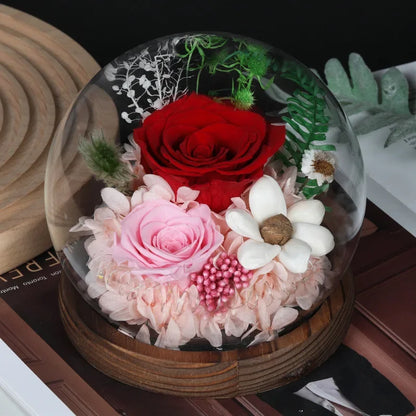 Preserved Red Rose and Carnation Dome with Wooden Base