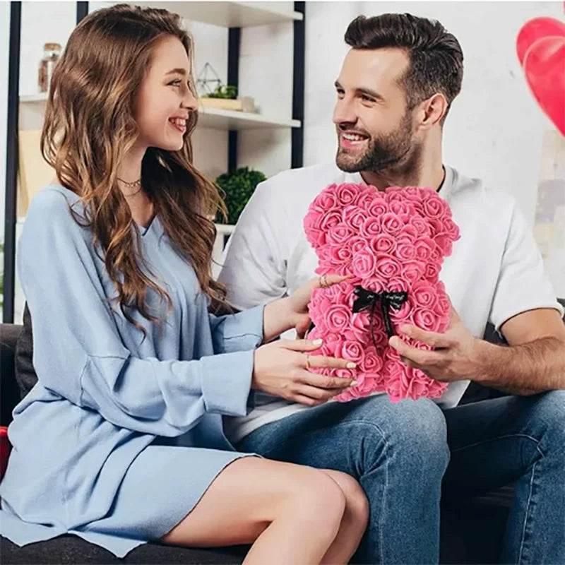 Artificial Rose Teddy Bear 25cm Romantic Floral Gift with Gift Box