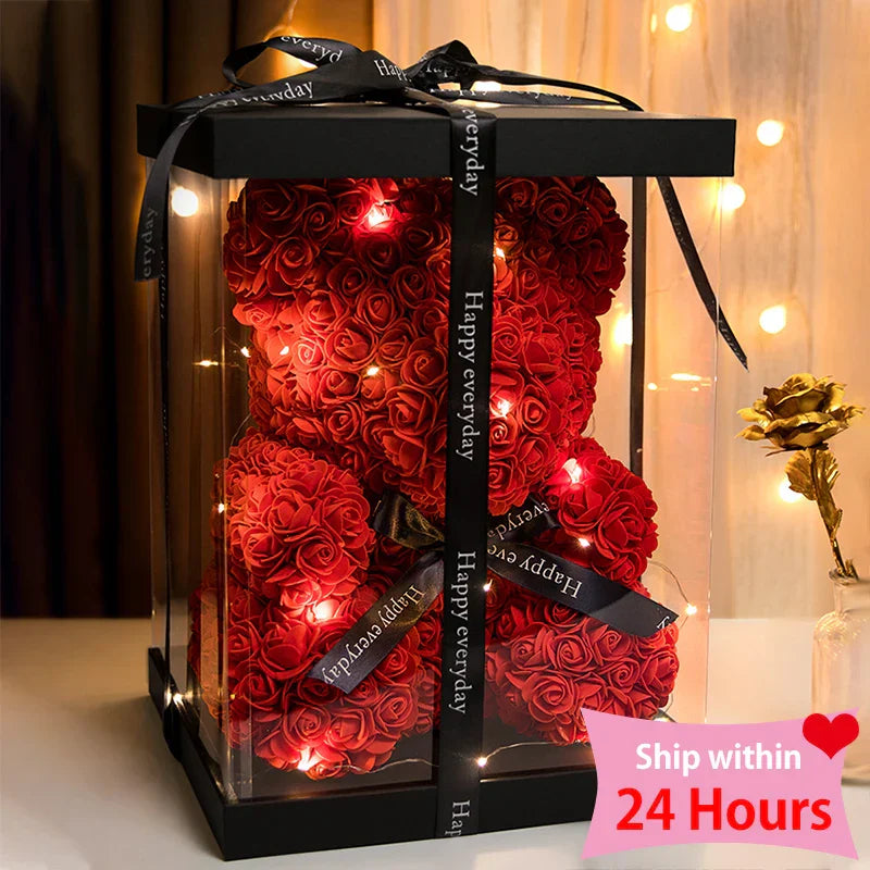 Eternal Rose Teddy Bear with Gift Box and Warm Lights