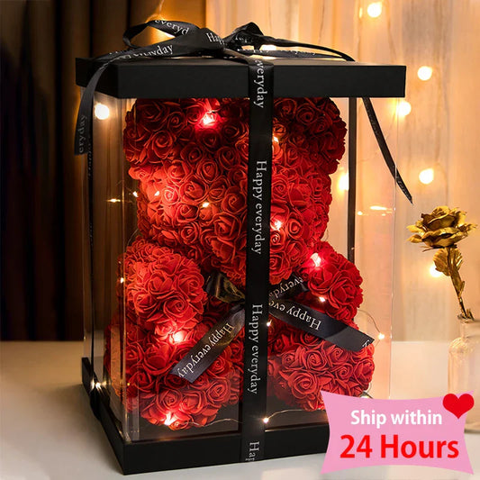 Eternal Rose Teddy Bear with Gift Box and Warm Lights
