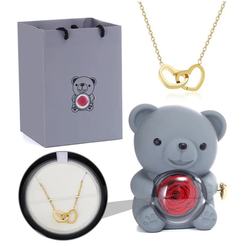 Teddy Bear Rose Jewelry Gift Box with Rotating Necklace Case