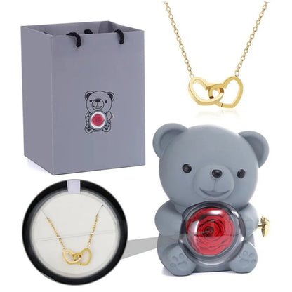 Teddy Bear Rose Jewelry Gift Box with Rotating Necklace Case