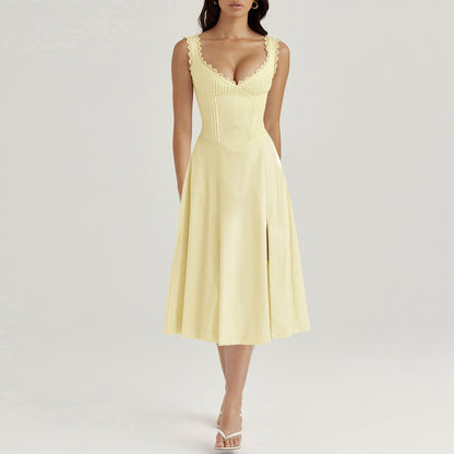 V-neck Doily Trim Frill Midi Dress